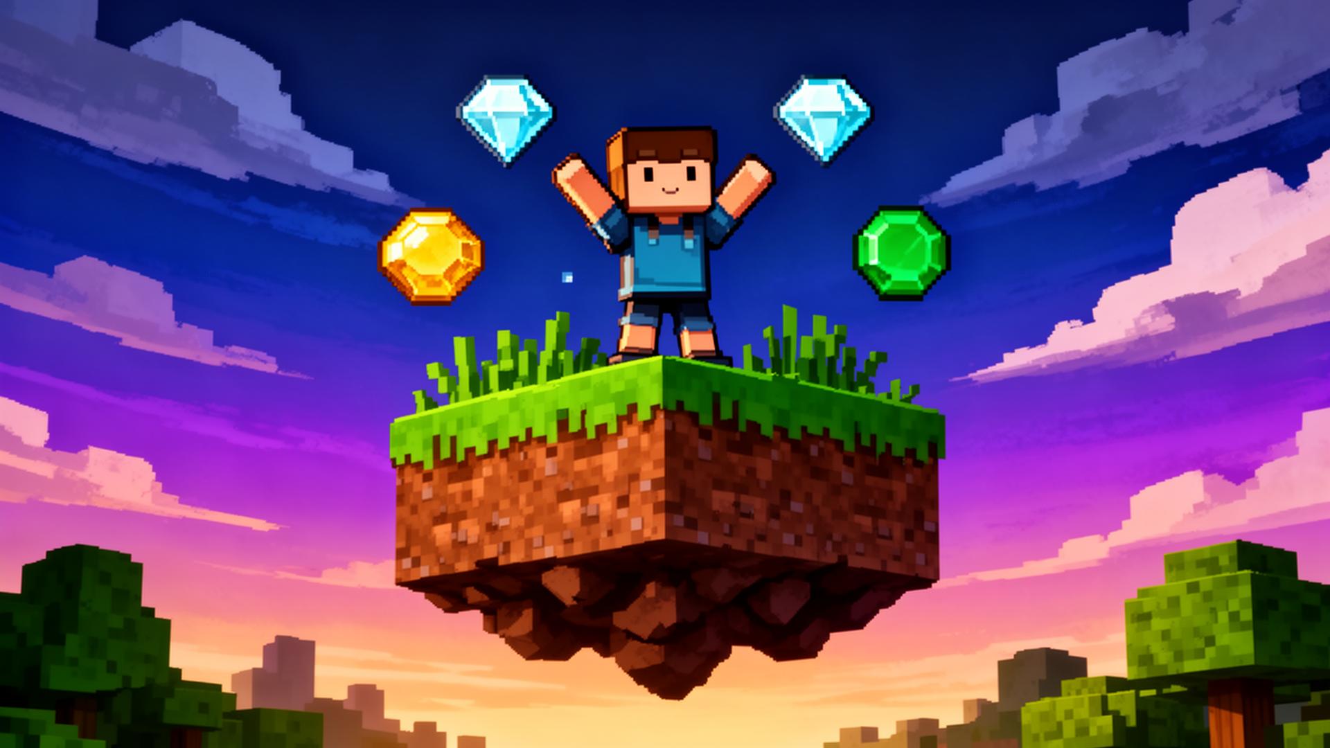 Voxel character standing on a floating island surrounded by gem blocks